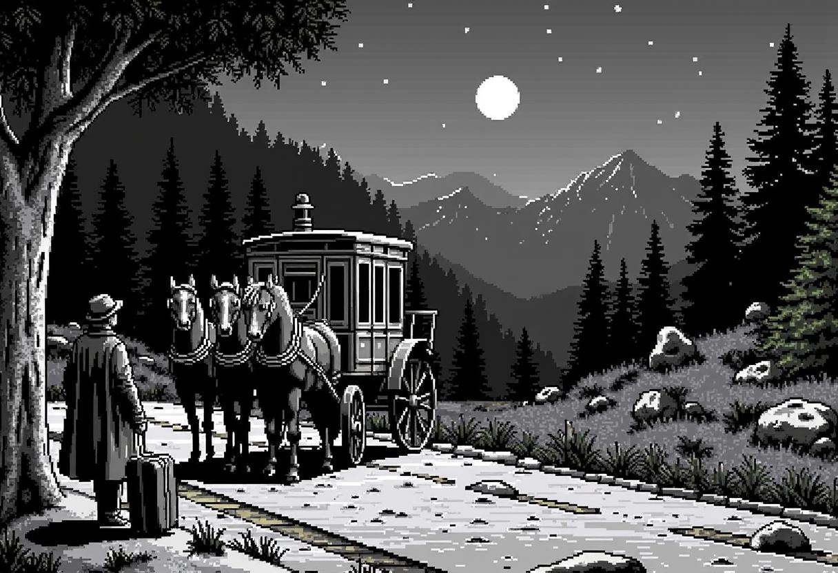 Retro 16-bit screenshot from a 16BITGAME pixelated game,  ,  a black and white edward gorey illustration of a man in old f...