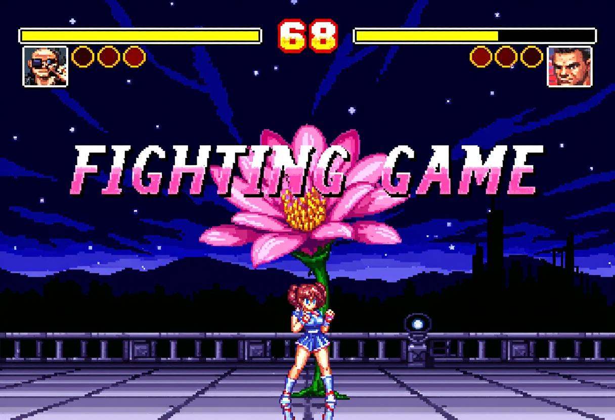 Retro 16-bit screenshot from a 16BITGAME pixelated game,  ,  Explosive 16-bit fighting game screen capture. Dark on Tensor...