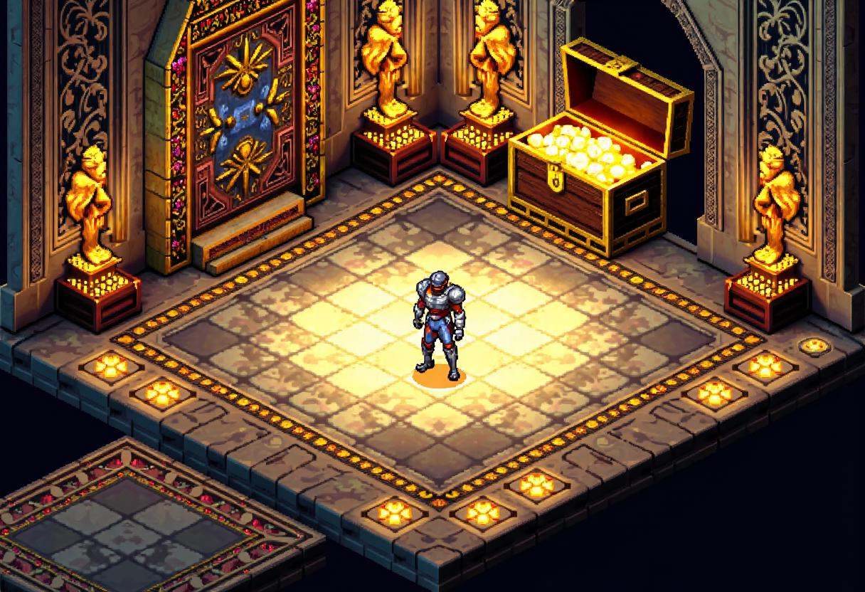 Retro 16-bit screenshot from a 16BITGAME pixelated game,  ,  Expansive chamber filled to ceiling with intricate treasures...