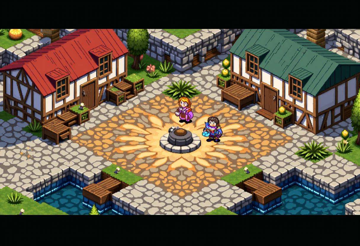 Retro 16-bit screenshot from a 16BITGAME pixelated game,  ,  Expansive isometric view of a turn-based RPG scene in 16-bit...