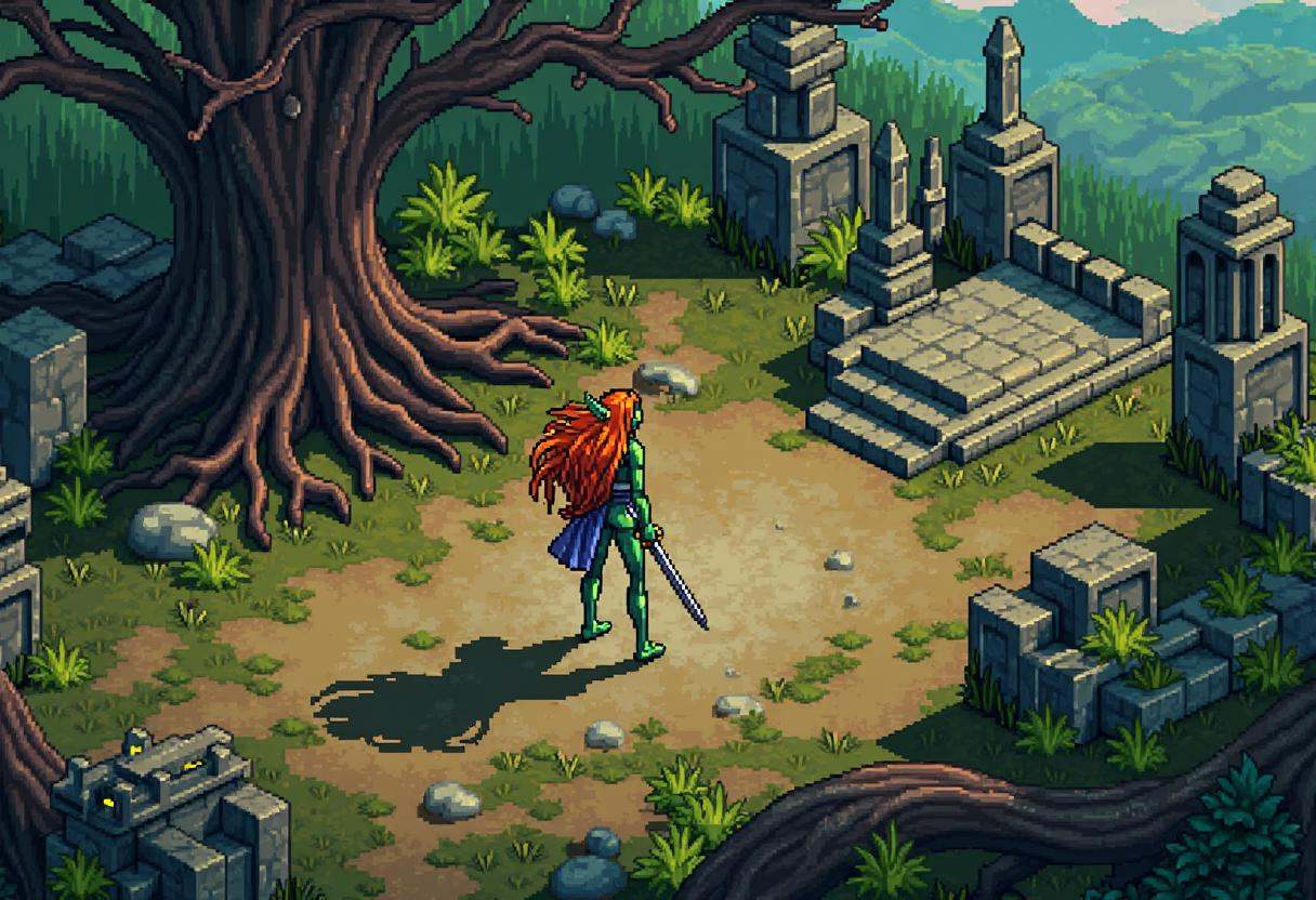 Retro 16-bit screenshot from a 16BITGAME pixelated game,  ,  Expansive overhead view RPG landscape showcasing a solitary e...