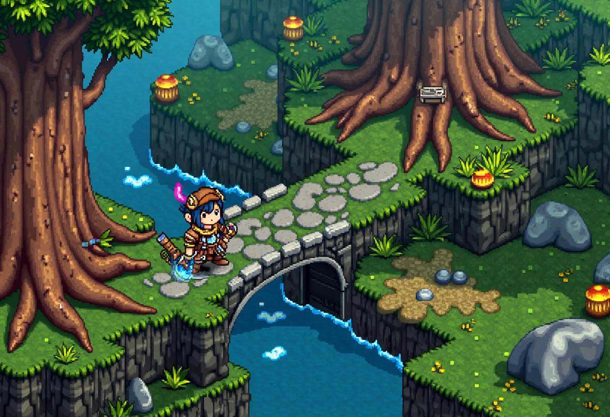Retro 16-bit screenshot from a 16BITGAME pixelated game,  ,  Expansive overhead view RPG landscape featuring a lone female...