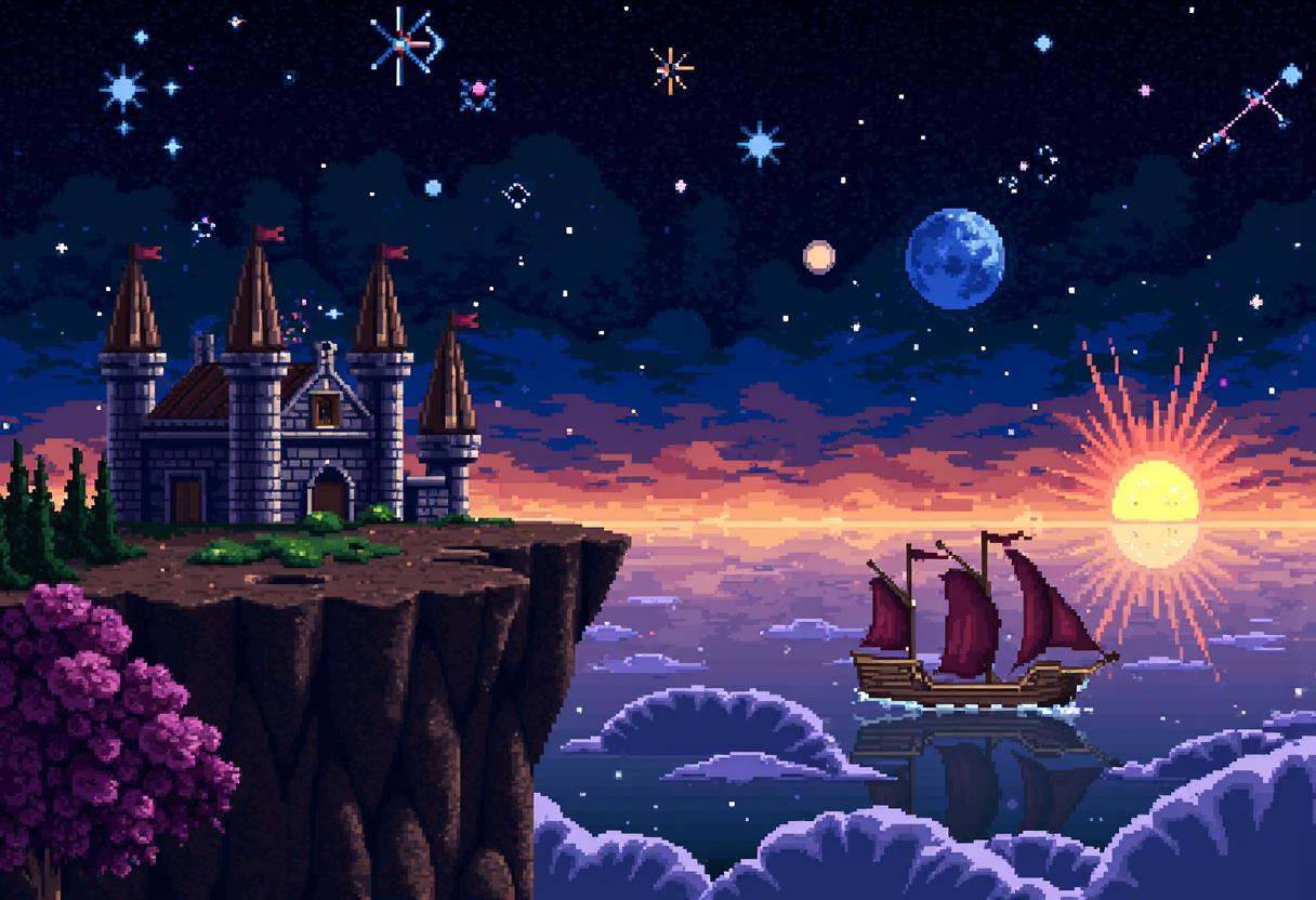 Retro 16-bit screenshot from a 16BITGAME pixelated game,  ,  Breathtaking panorama of world's edge in pixelated pixelart s...