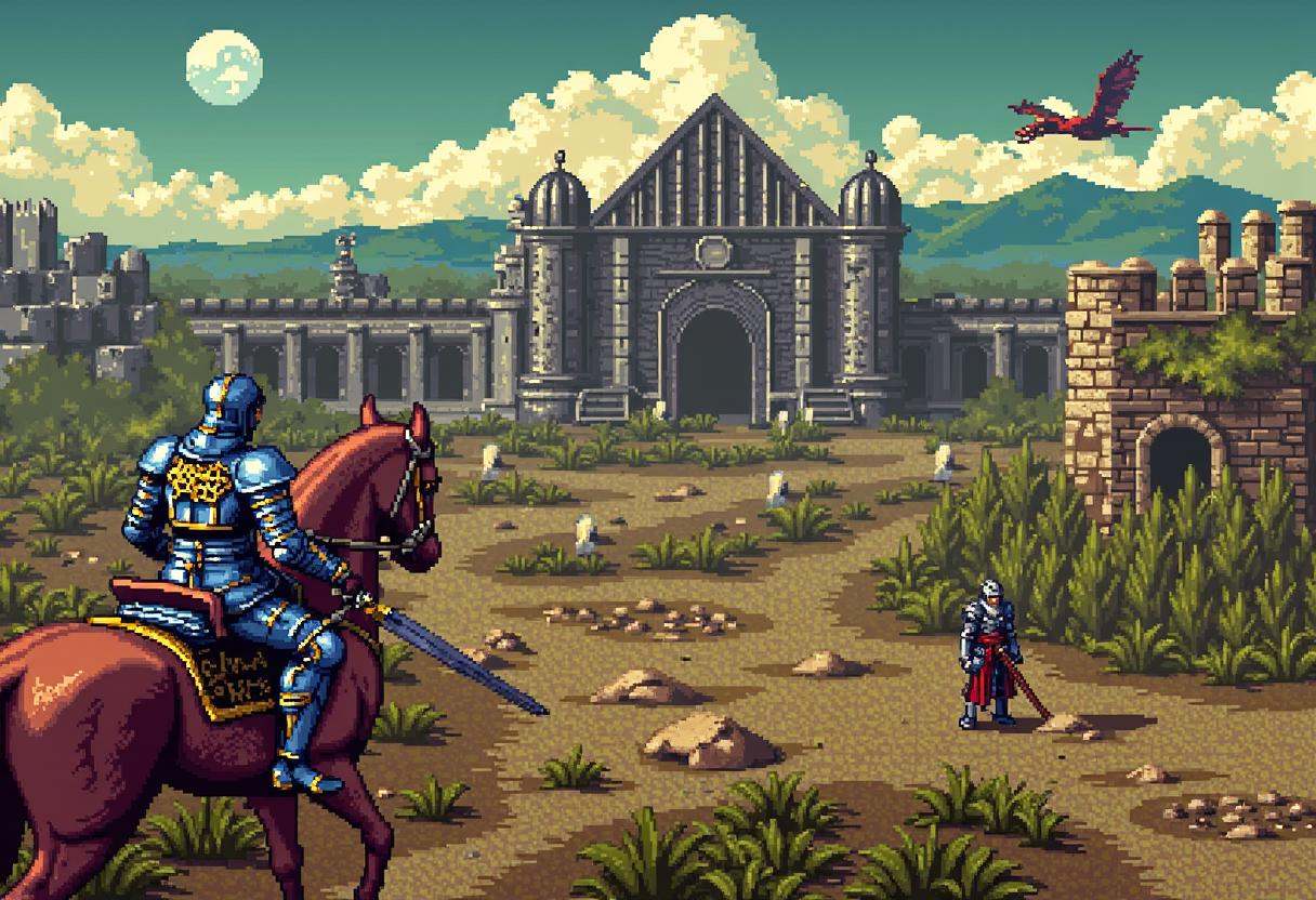 Retro 16-bit screenshot from a 16BITGAME pixelated game,  ,  Expansive overhead view RPG landscape showcasing a lone knigh...
