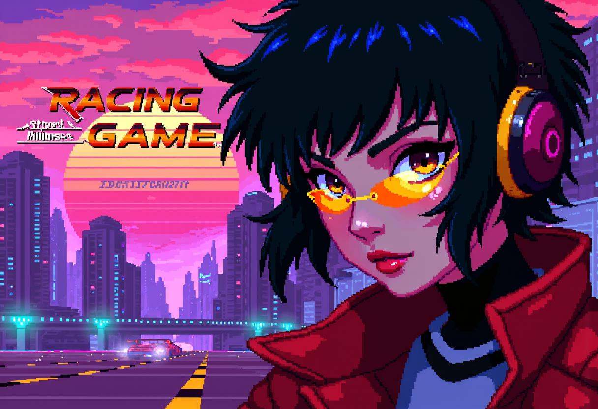 Retro 16-bit screenshot from a 16BITGAME pixelated game,  ,  Intense close-up of Molly Millions' face in a racing game-sty...