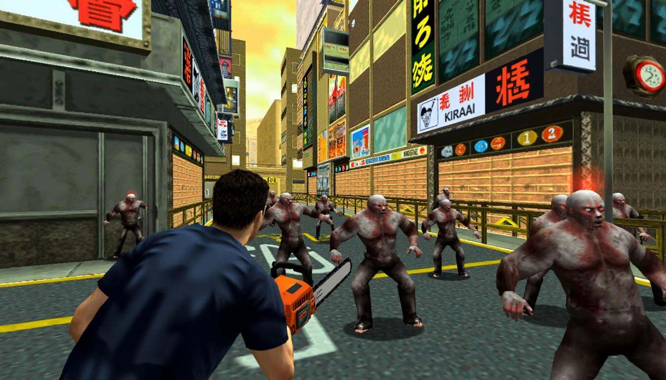 64-bit screenshot from a 64BITGAME,  Tokyo streets zombies attack,  first person view of a guy holding chainsaw and attack...