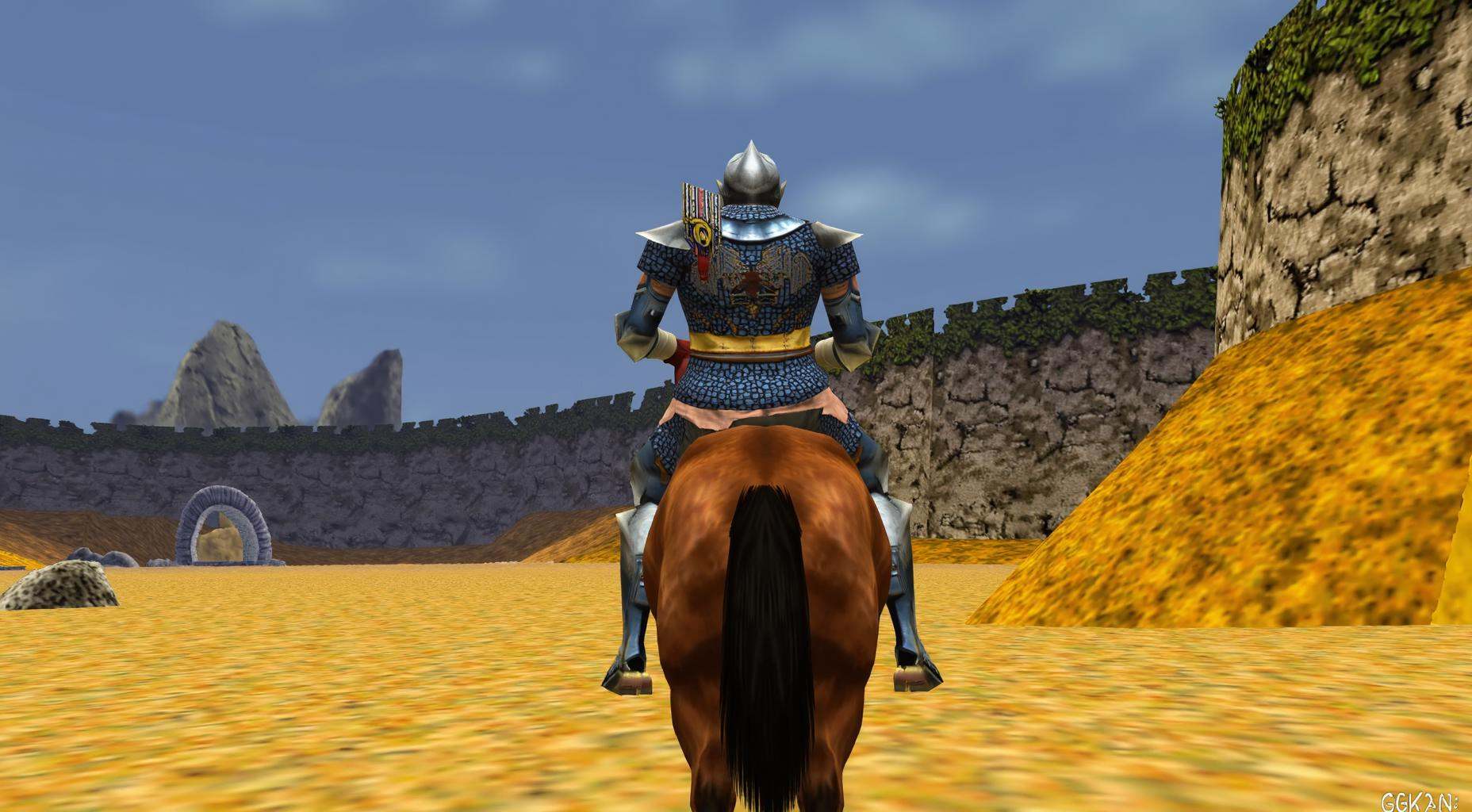 64-bit screenshot from a lowpoly 64BITGAME,  view from behind of a lone knight in ornate armor riding a majestic warhorse...