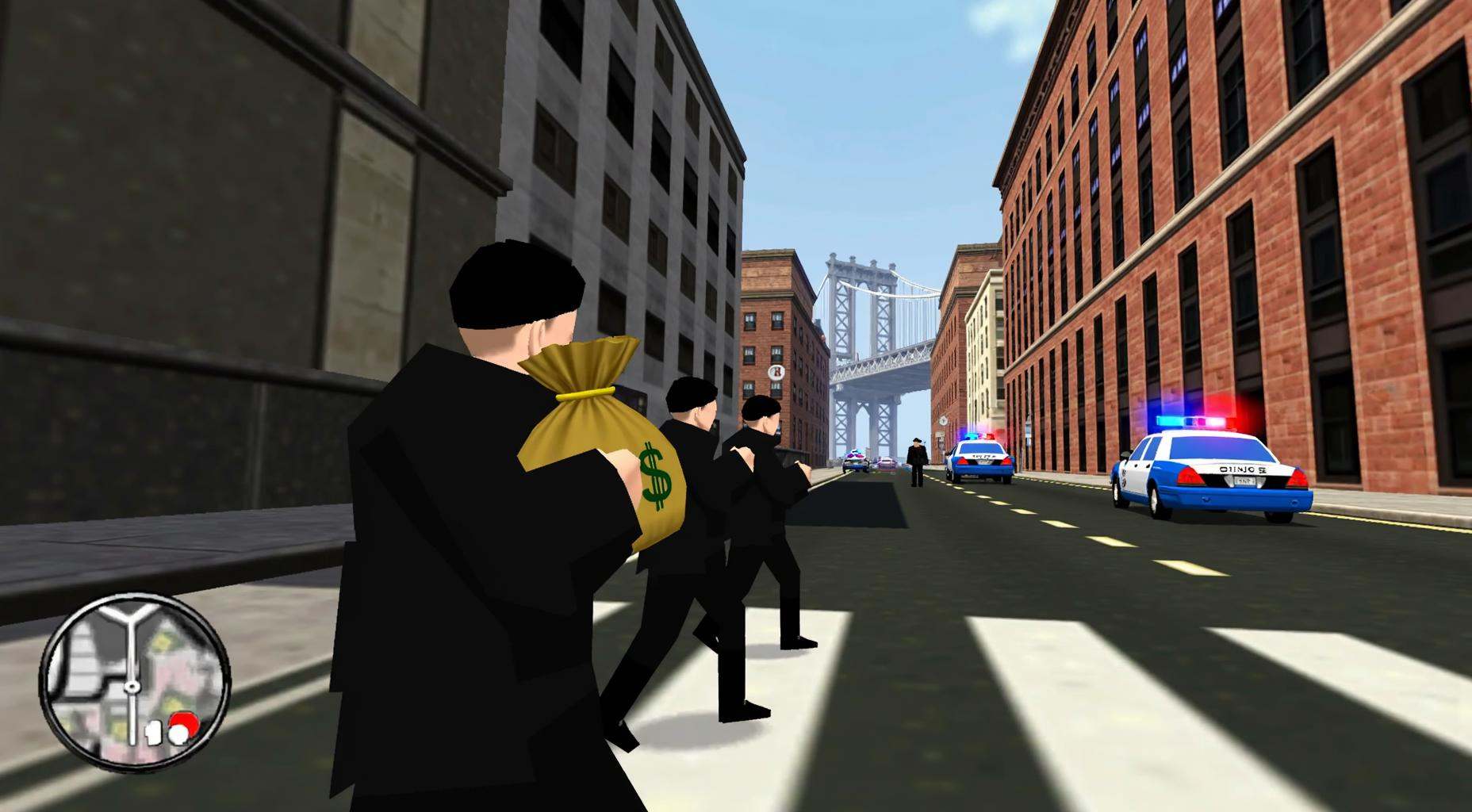 64-bit screenshot from a 64BITGAME,  first-person shooter in the street of New-York with 5 thiefs wearing black cloths hol...