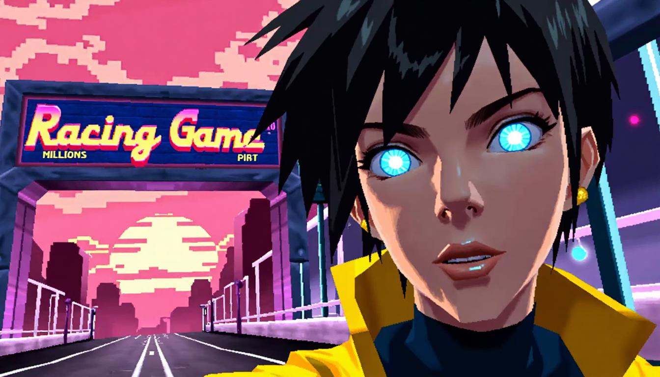 64-bit screenshot from a lowpoly 64BITGAME,  game title screen of 'Molly Millions' with bold and glowing fonts in a racing...