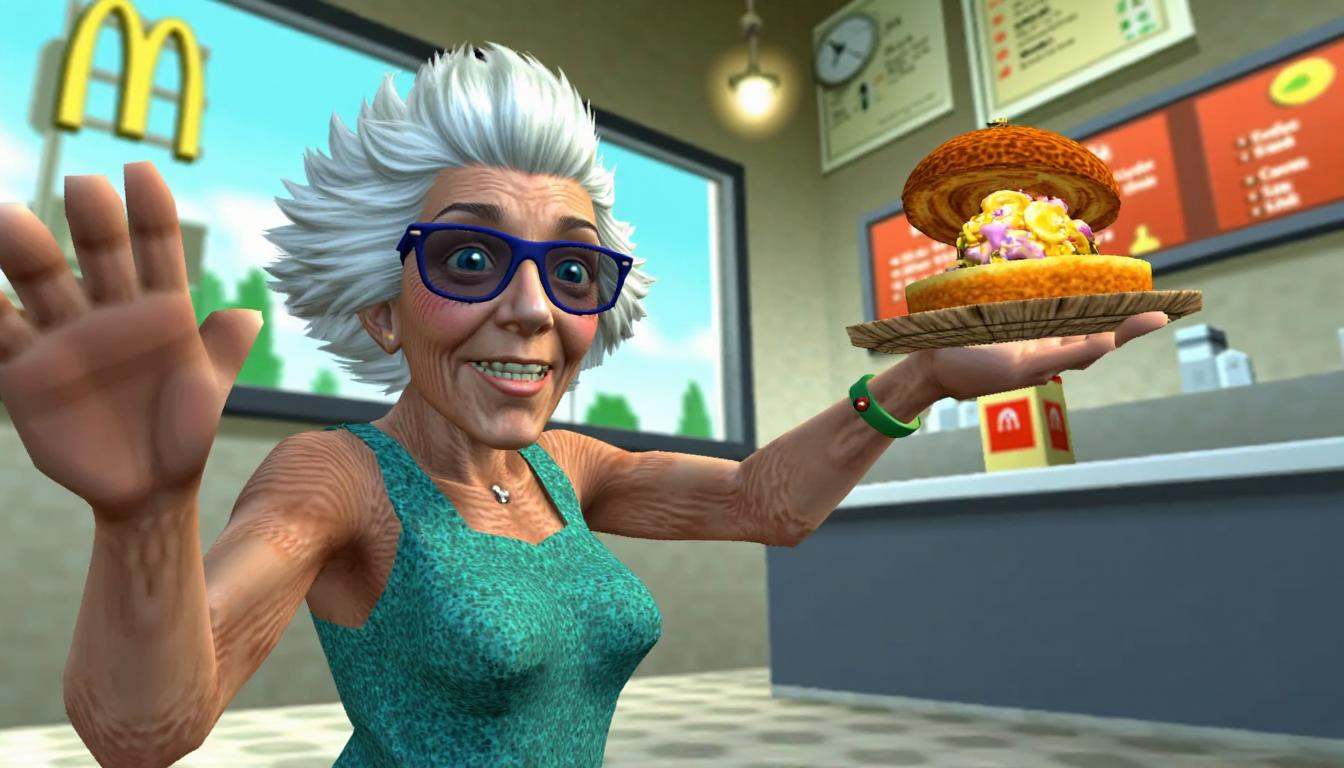 64-bit screenshot from a 64BITGAME,  of an humorous image of a smiling 90-year-old grandma wearing sunglasses,  with a con...