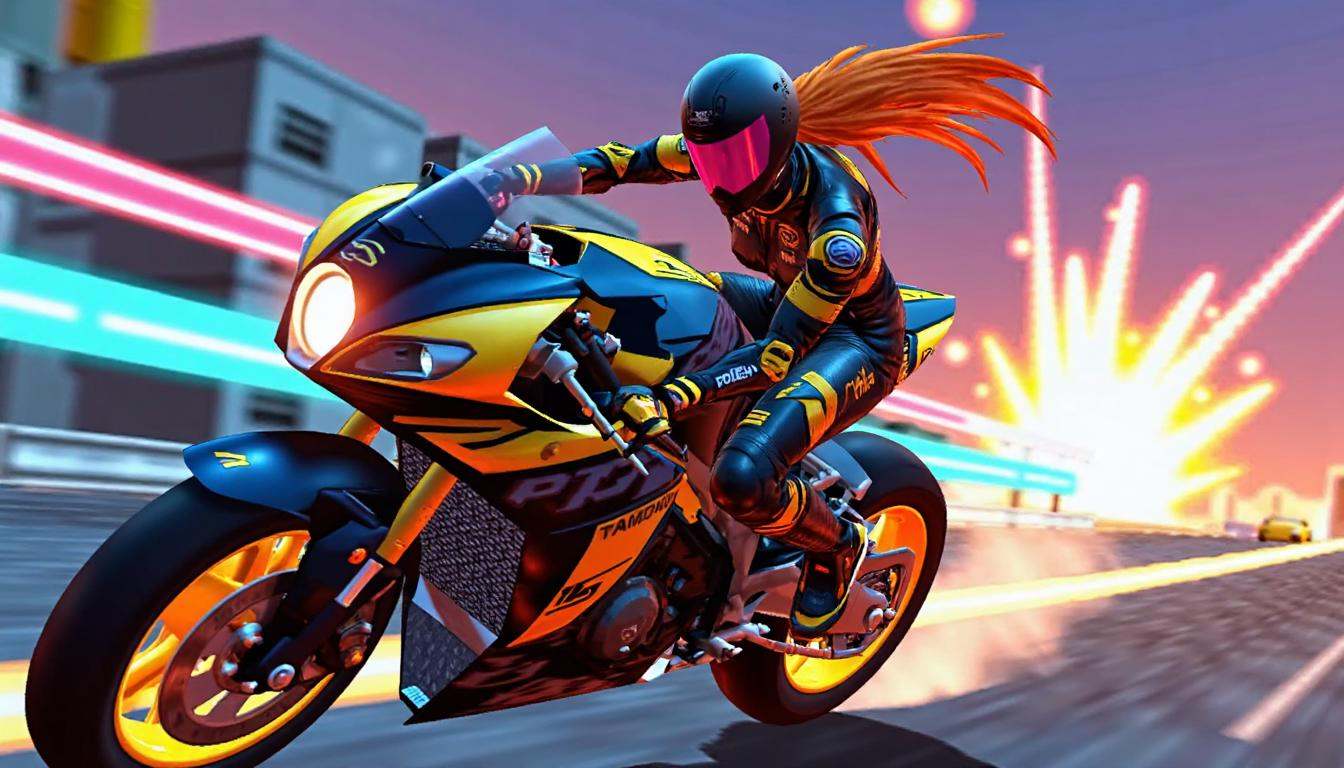 64-bit screenshot from a lowpoly 64BITGAME,  third-person viwe of a woman in a sleek motorcycle racing outfit in an epic r...