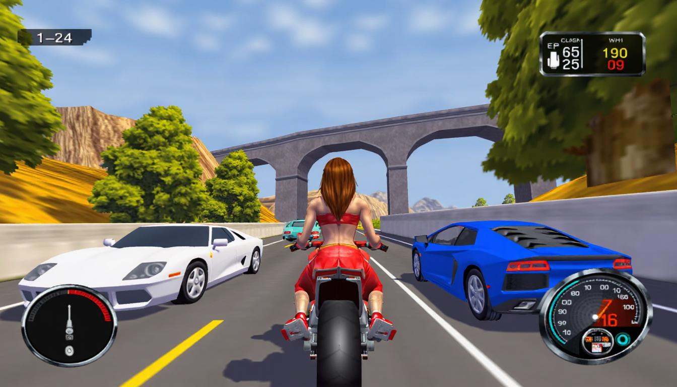 64-bit screenshot from a lowpoly 64BITGAME,  view from behind of a woman in a sleek motorcycle racing against a white and...