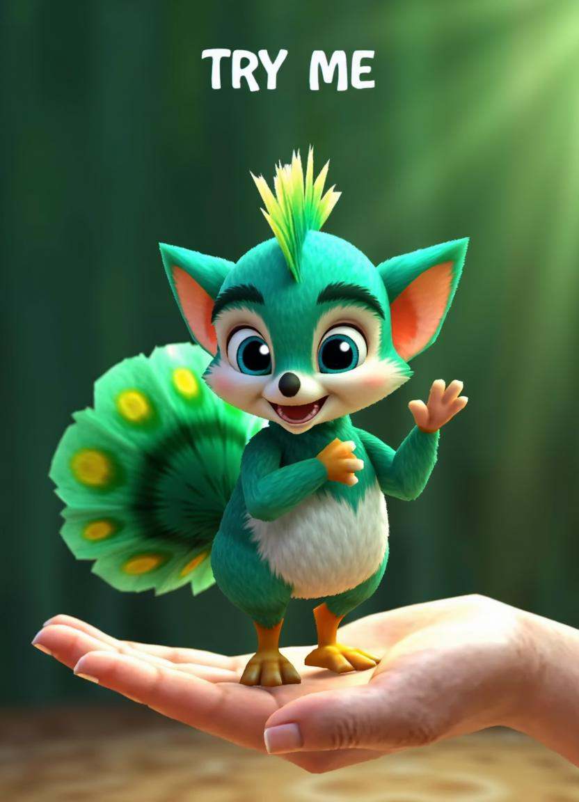 64-bit screenshot from a lowpoly 64BITGAME,  A cute,  charming and Emerald green peacock cub opens its tail and stands on...