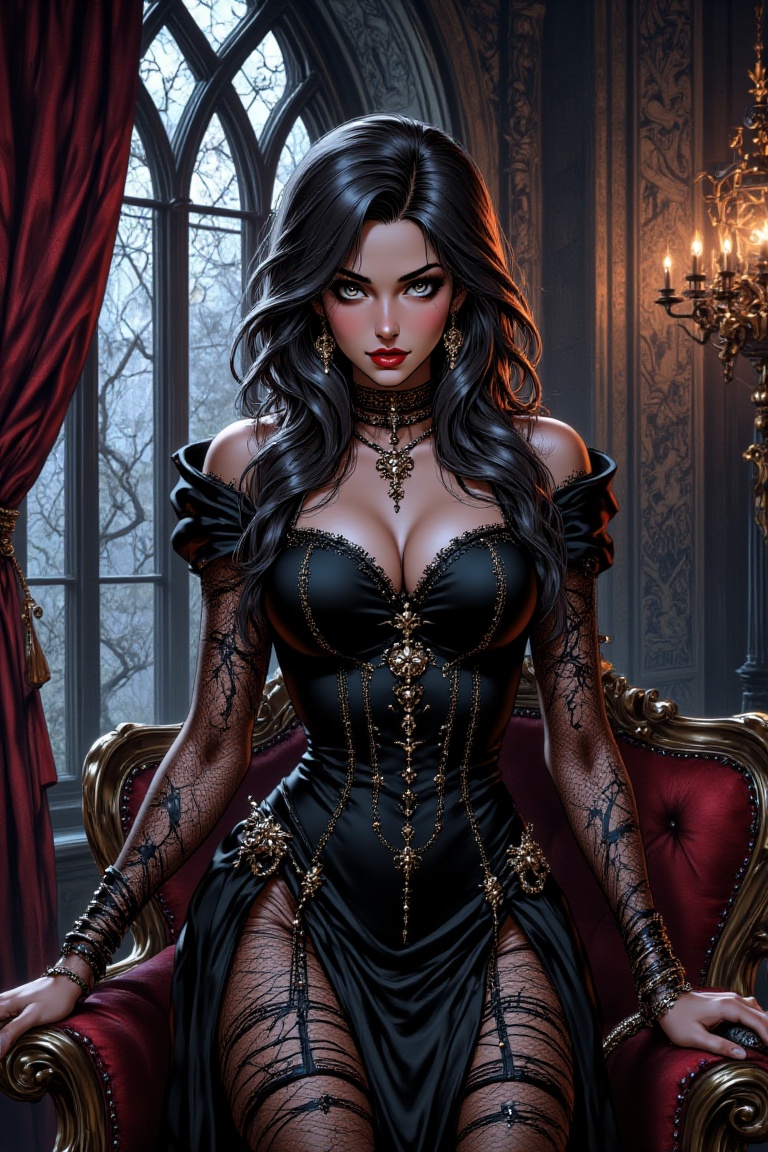 In a Victorian-style mansion,  a vampire maid with an elegant yet revealing uniform poses provocatively. She clutches a le...
