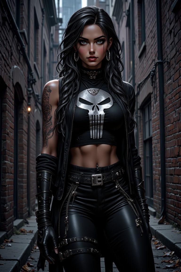 A woman in a black Punisher costume stands confidently against a dark urban backdrop. Dynamic lighting highlights her sens...
