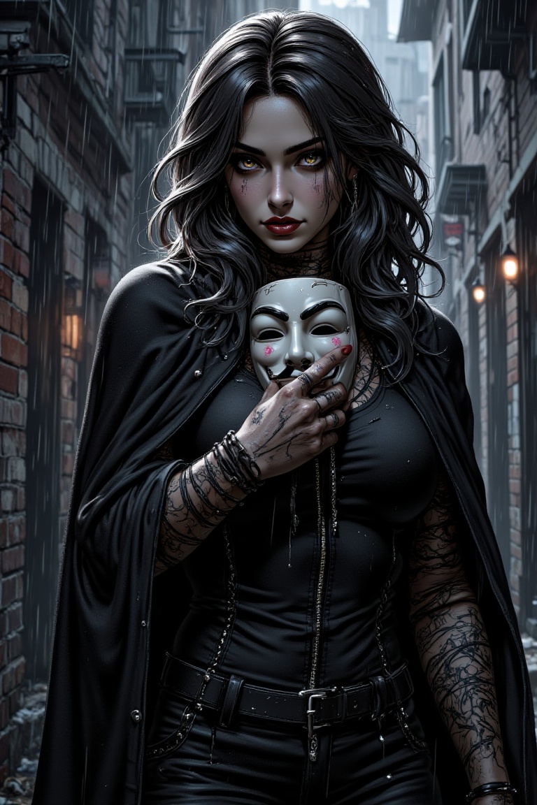 A masterpiece of digital art,  showcasing a woman in a black cape and outfit,  donning a Guy Fawkes mask as she removes it...