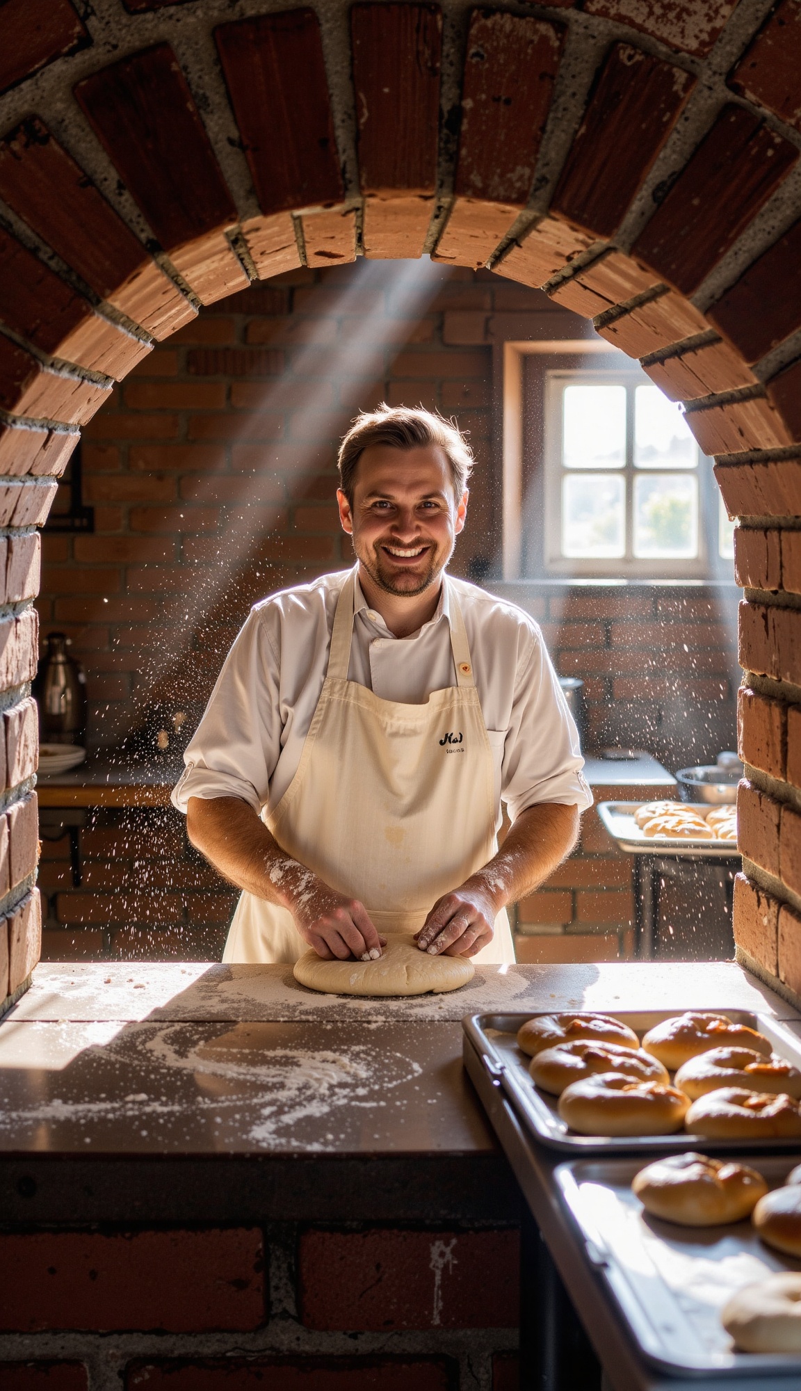 The arched brick oven opening forms a warm natural frame for a baker in a white apron,  dusted with flour,  rolling dough...