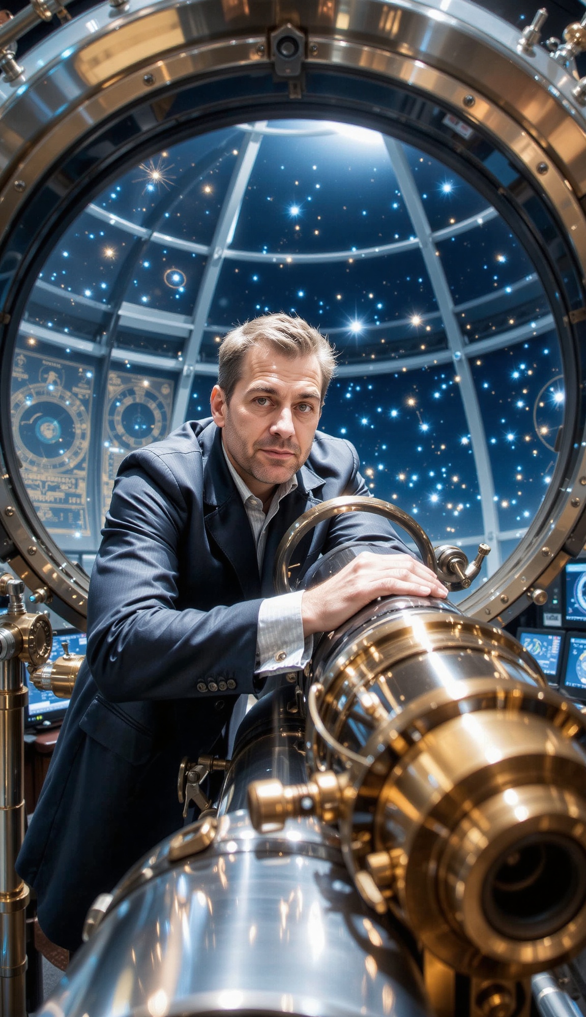 The round frame of a high-powered telescope,  gleaming in the dim observatory light,  captures an astronomer in a sleek da...