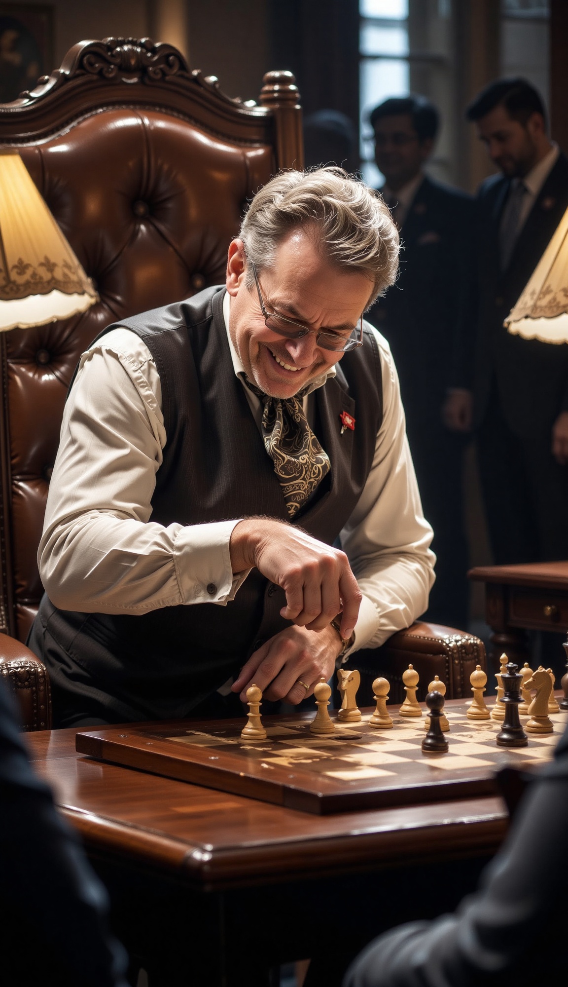 The wooden edges of a high-backed chair create a strong frame around a chess master in a tailored vest and silk ascot,  le...