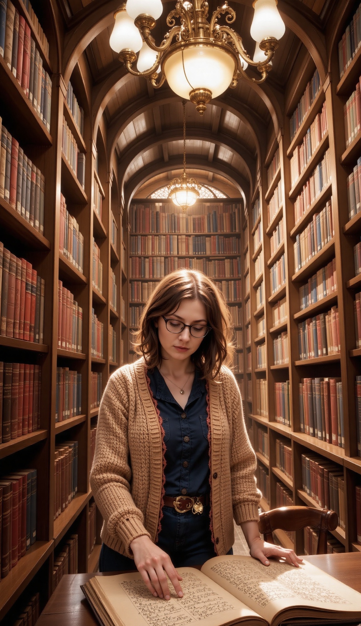 The towering wooden bookshelves,  shaped like an arched corridor,  frame a librarian in round glasses and a vintage cardig...