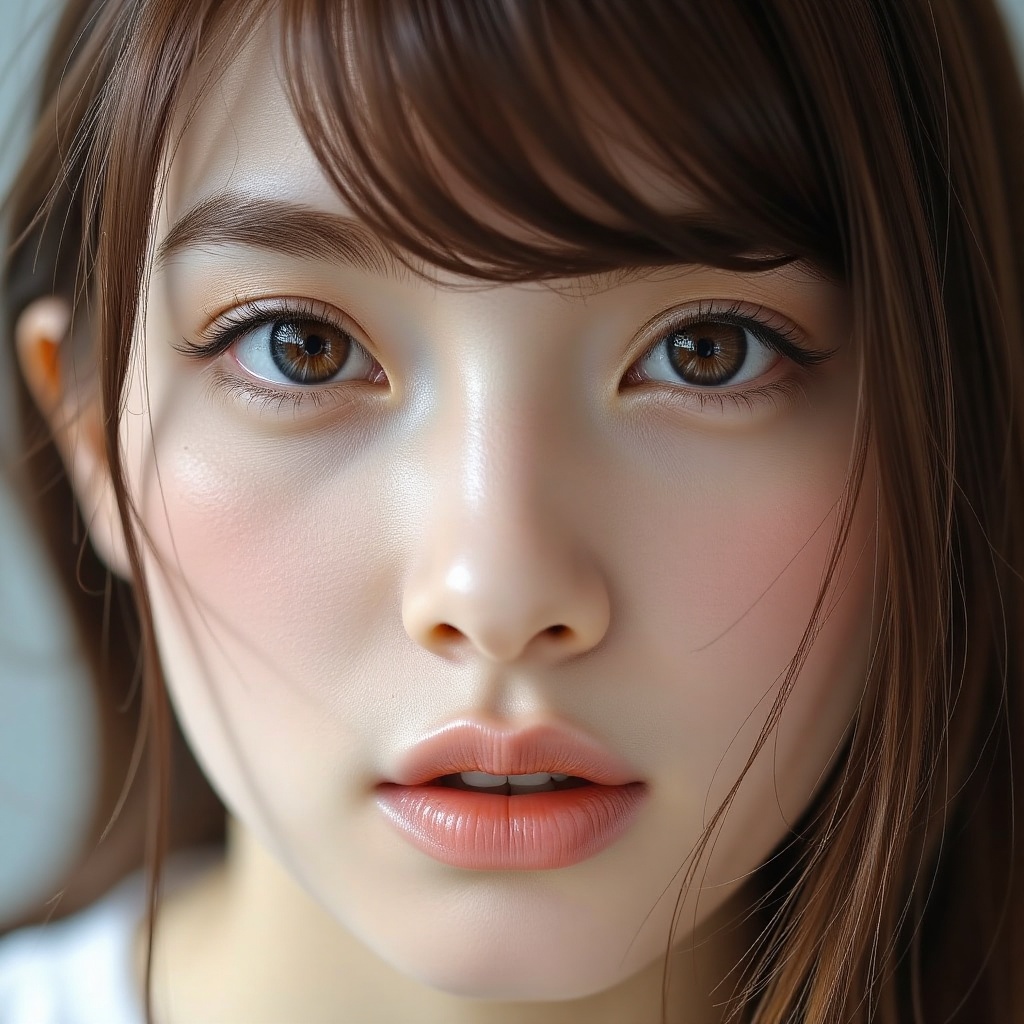 16K,  UHD:1.2,  1girl solo long hair looking at viewer bangs brown hair hair between eyes parted lips lips brown eyes port...