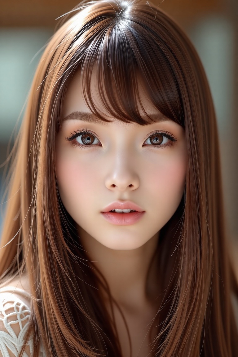 16K,  UHD:1.2,  1girl solo long hair looking at viewer bangs brown hair hair between eyes parted lips choker lips brown ey...