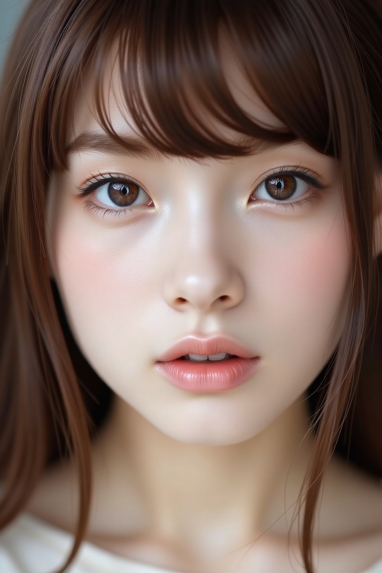 16K,  UHD:1.2,  1girl solo long hair looking at viewer bangs brown hair hair between eyes parted lips lips brown eyes port...