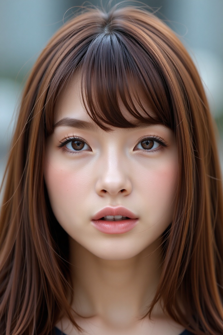 16K,  UHD:1.2,  1girl solo long hair looking at viewer bangs brown hair hair between eyes parted lips lips brown eyes port...