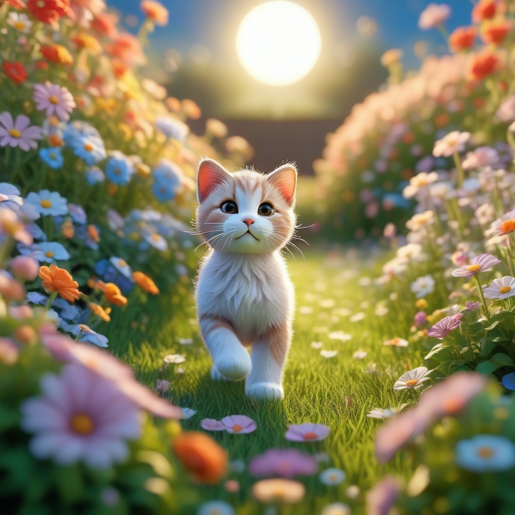 A very cute cat in the flower field,  moon,  gentle light on Tensor.Art