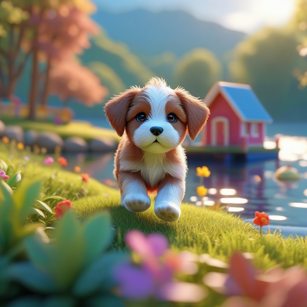 A very cute puppy near the lake,  cute style,  detailed on Tensor.Art