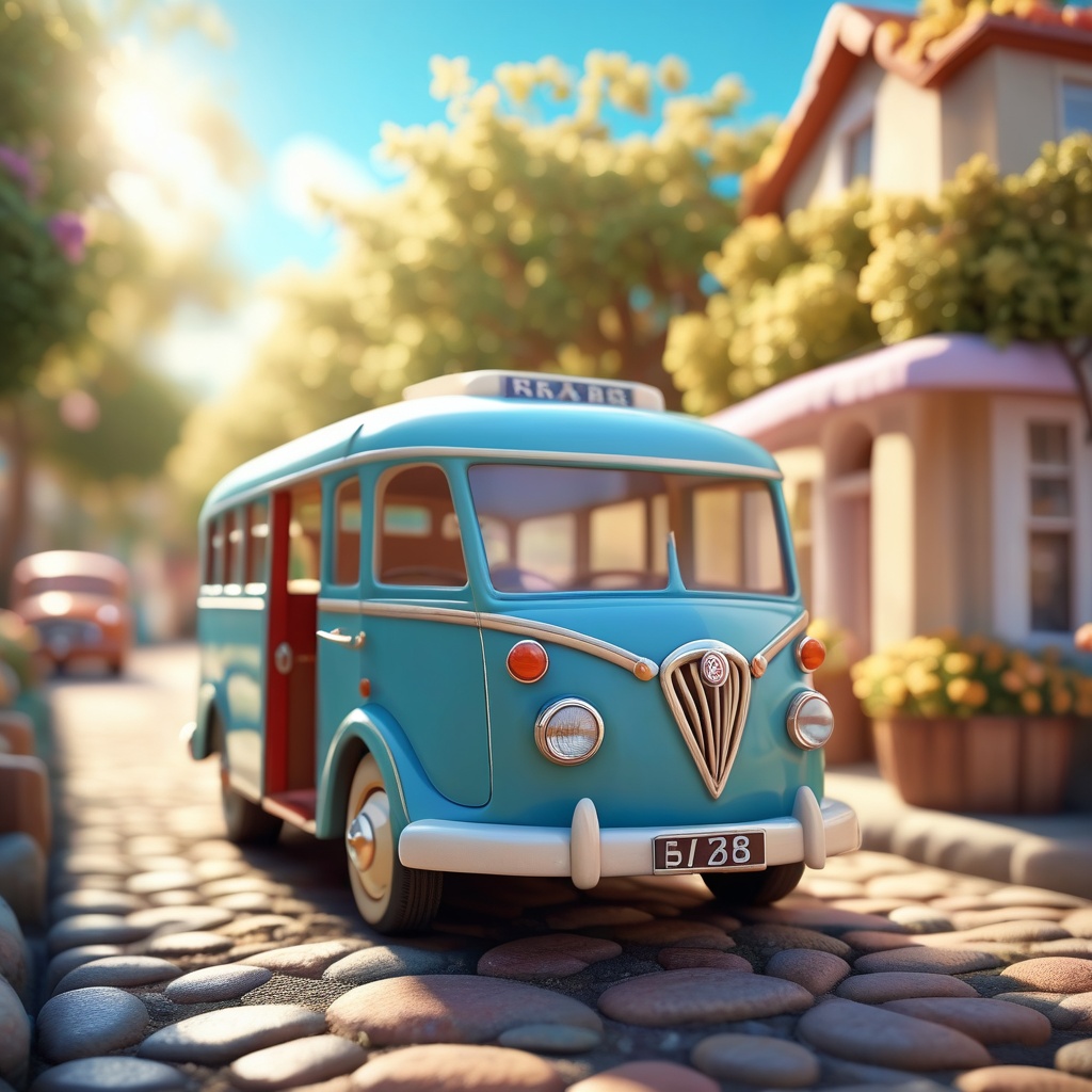 A vintage bus on the pebble street,  gentle light,  serene on Tensor.Art