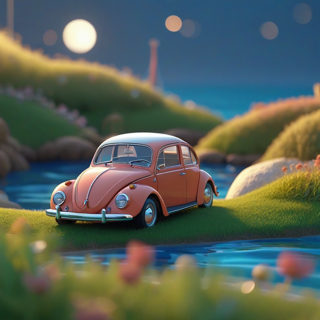 A fusca on the grass near the sea,  water,  moon on Tensor.Art