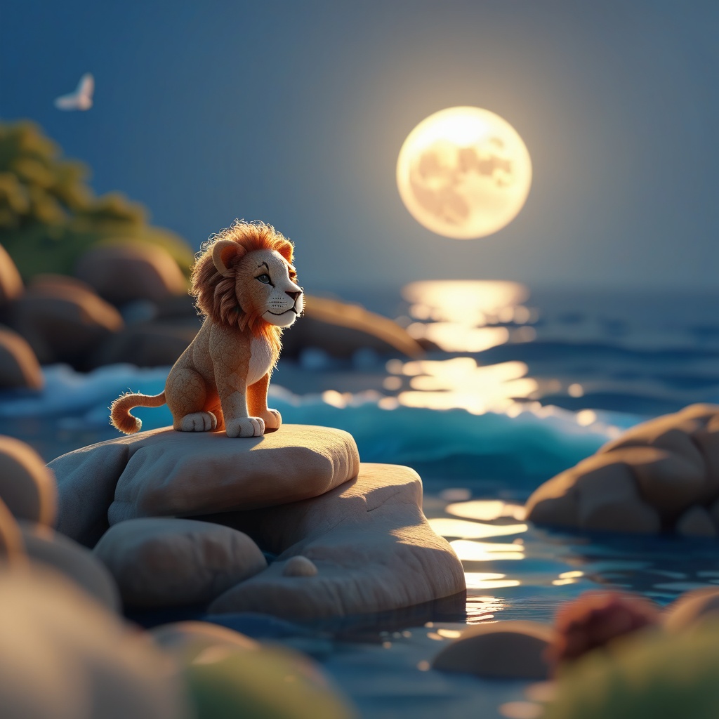 A sweet lion on a rock,  water,  waves on Tensor.Art