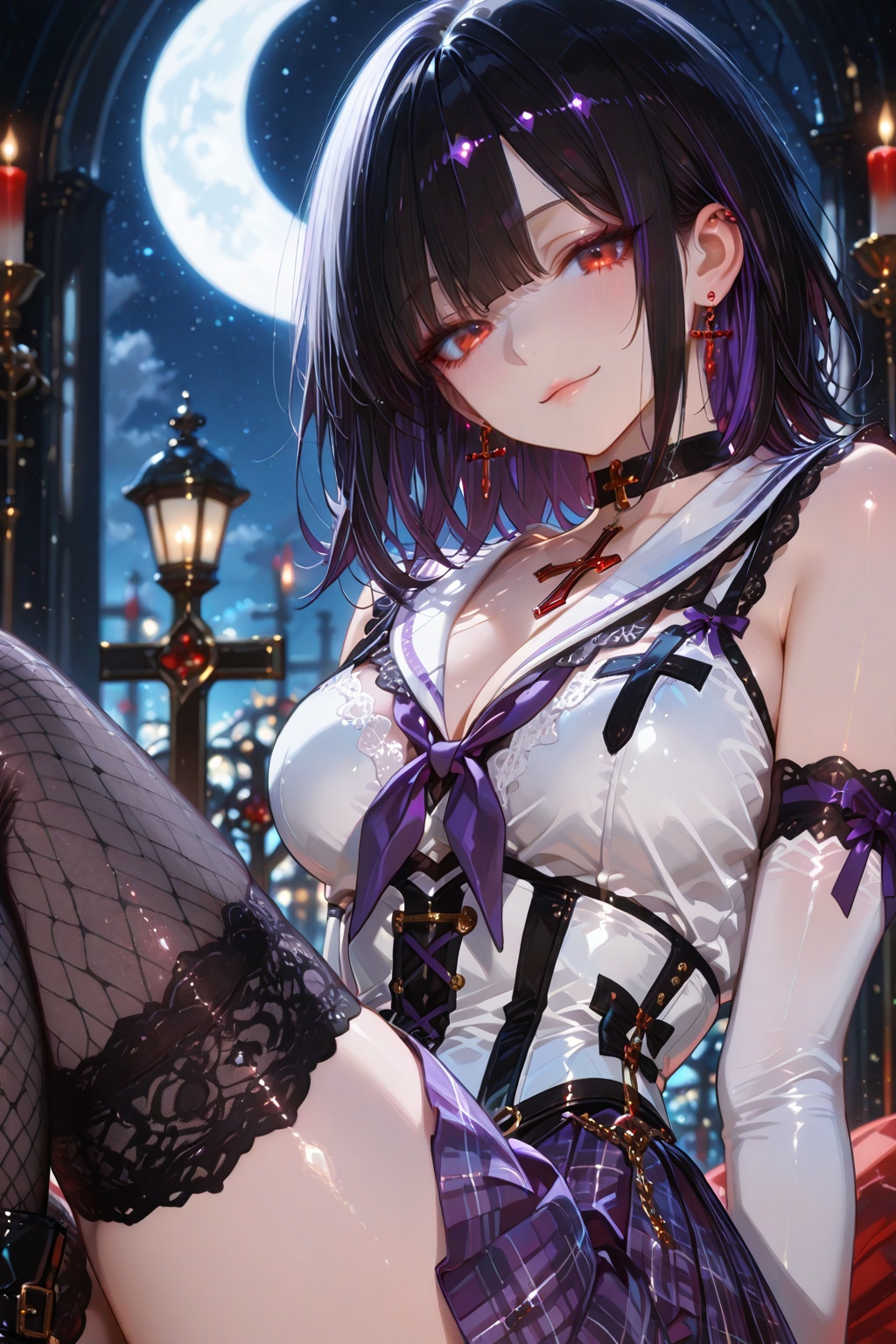 White gothic vampire girl with a seductive smile,  medium bust,  smiling at the viewer on Tensor.Art