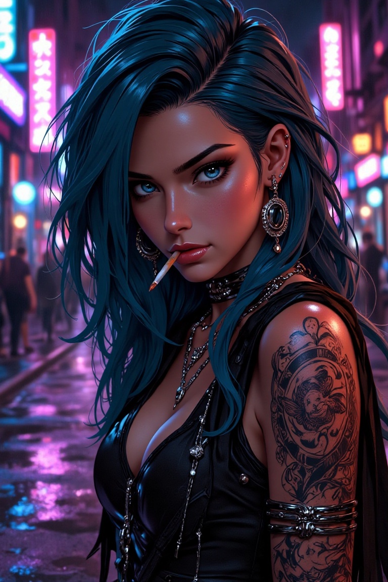 A close-up shot frames the rebel's defiant posture,  her bold blue locks illuminated by neon city lights reflecting off we...