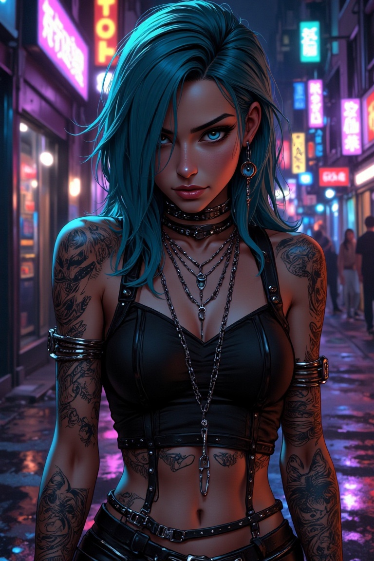 A close-up shot frames the rebel's defiant posture,  her bold blue locks illuminated by neon city lights reflecting off we...