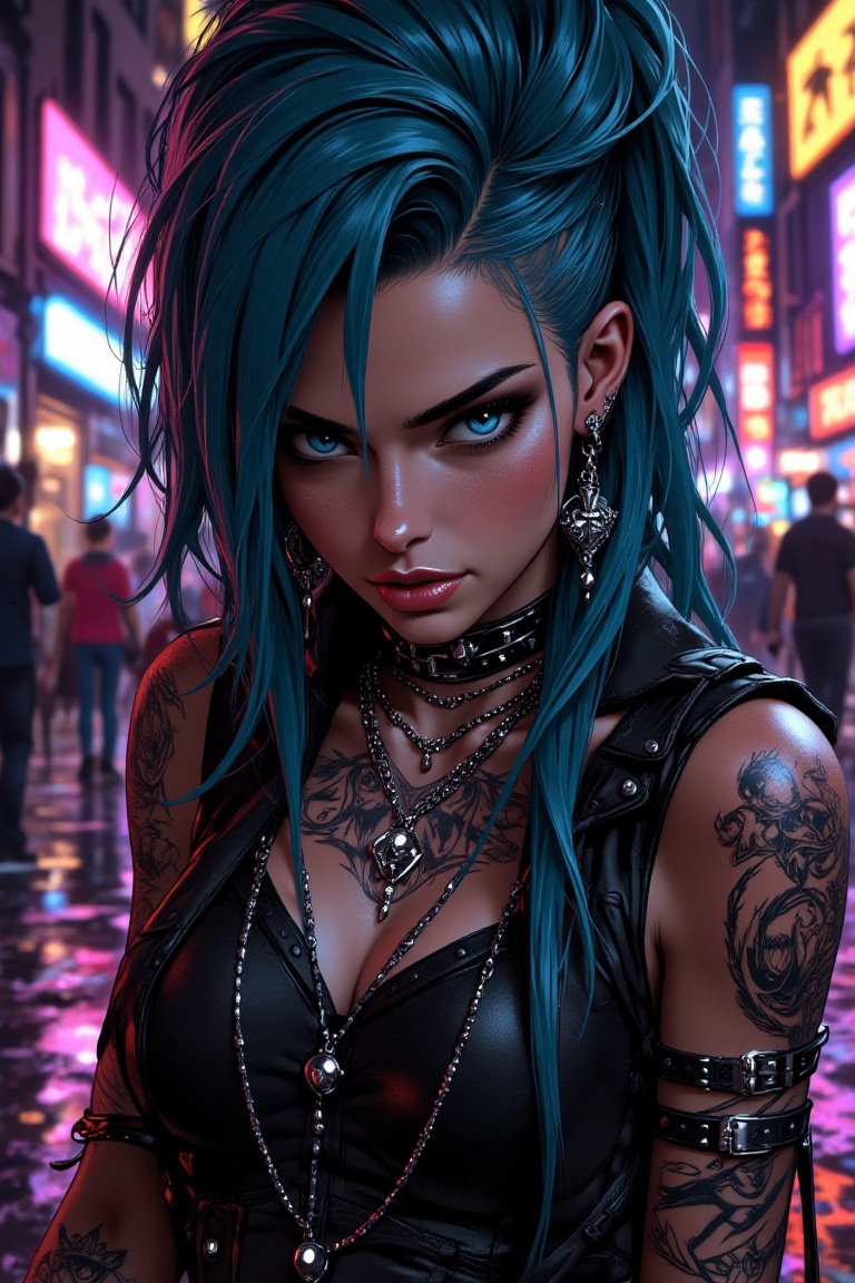 A close-up shot frames the rebel's defiant posture,  her bold blue locks illuminated by neon city lights reflecting off we...