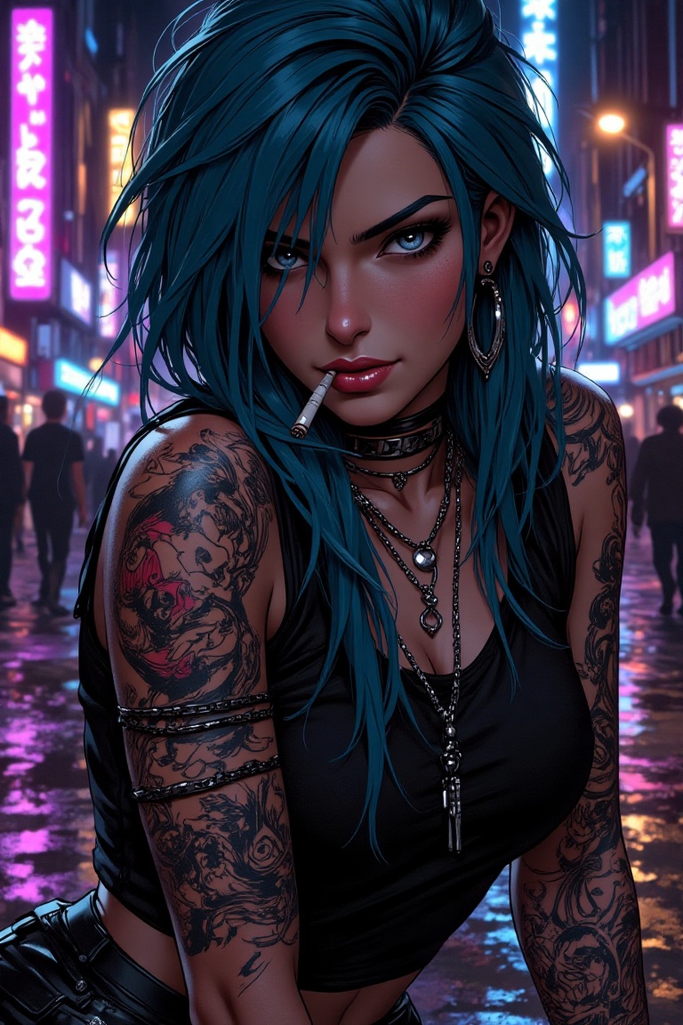 A close-up shot frames the rebel's defiant posture,  her bold blue locks illuminated by neon city lights reflecting off we...