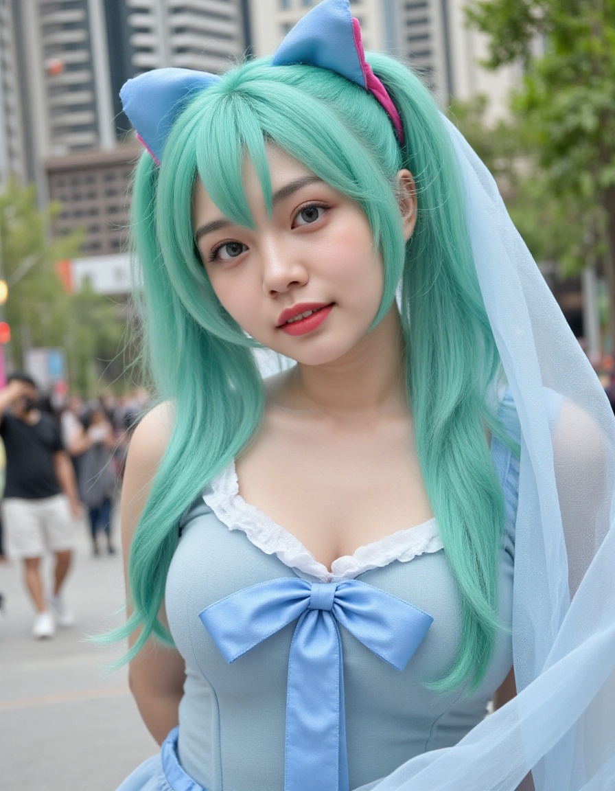 photo of SuchCosPlay .hiec - fair skin,  full body of Hatsune Miku cosplayer,  young beautiful girl with big breasts on Te...