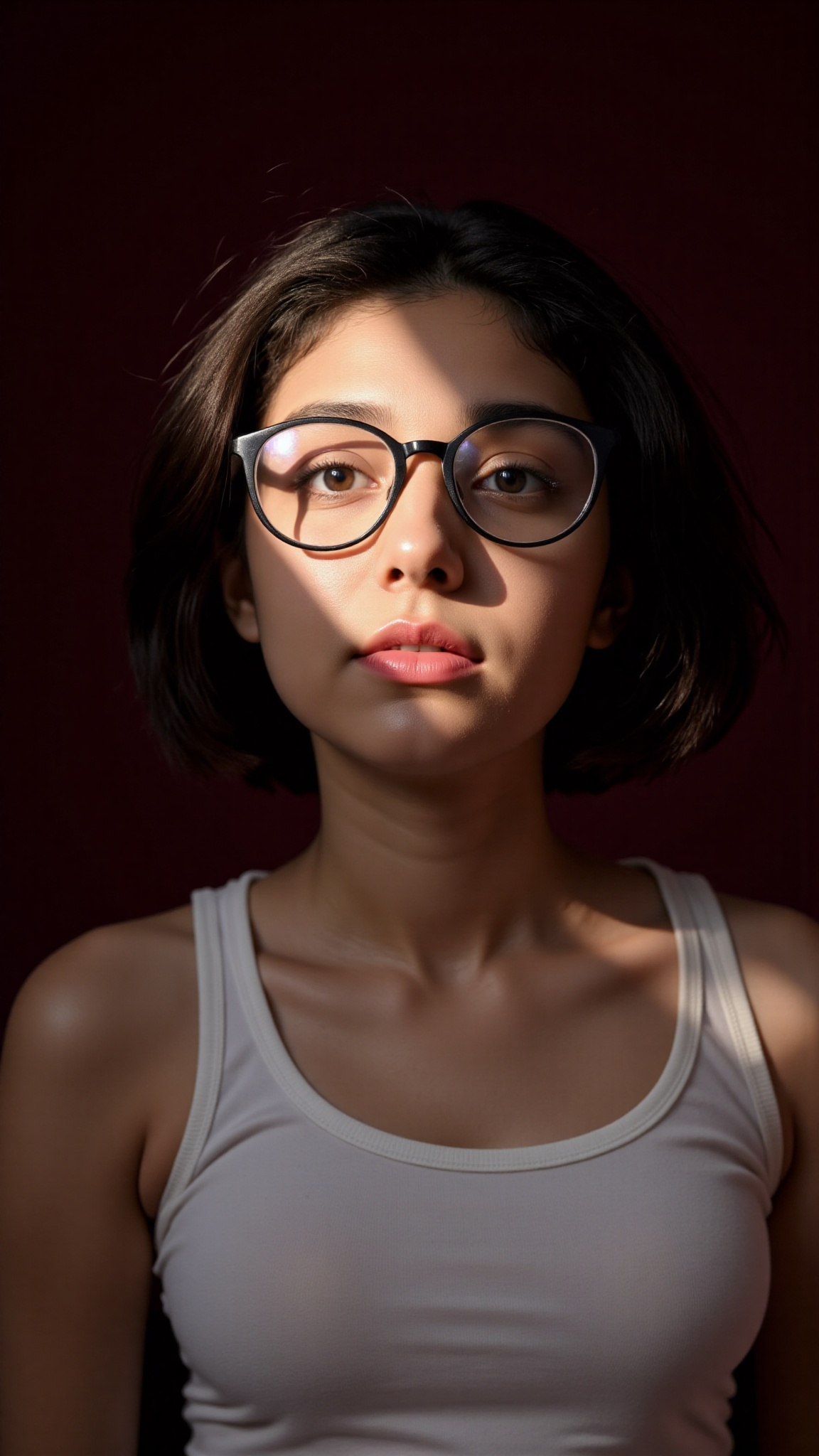 A portrait of a girl with glasses,  short hair,  partially illuminated by a narrow beam of light on Tensor.Art