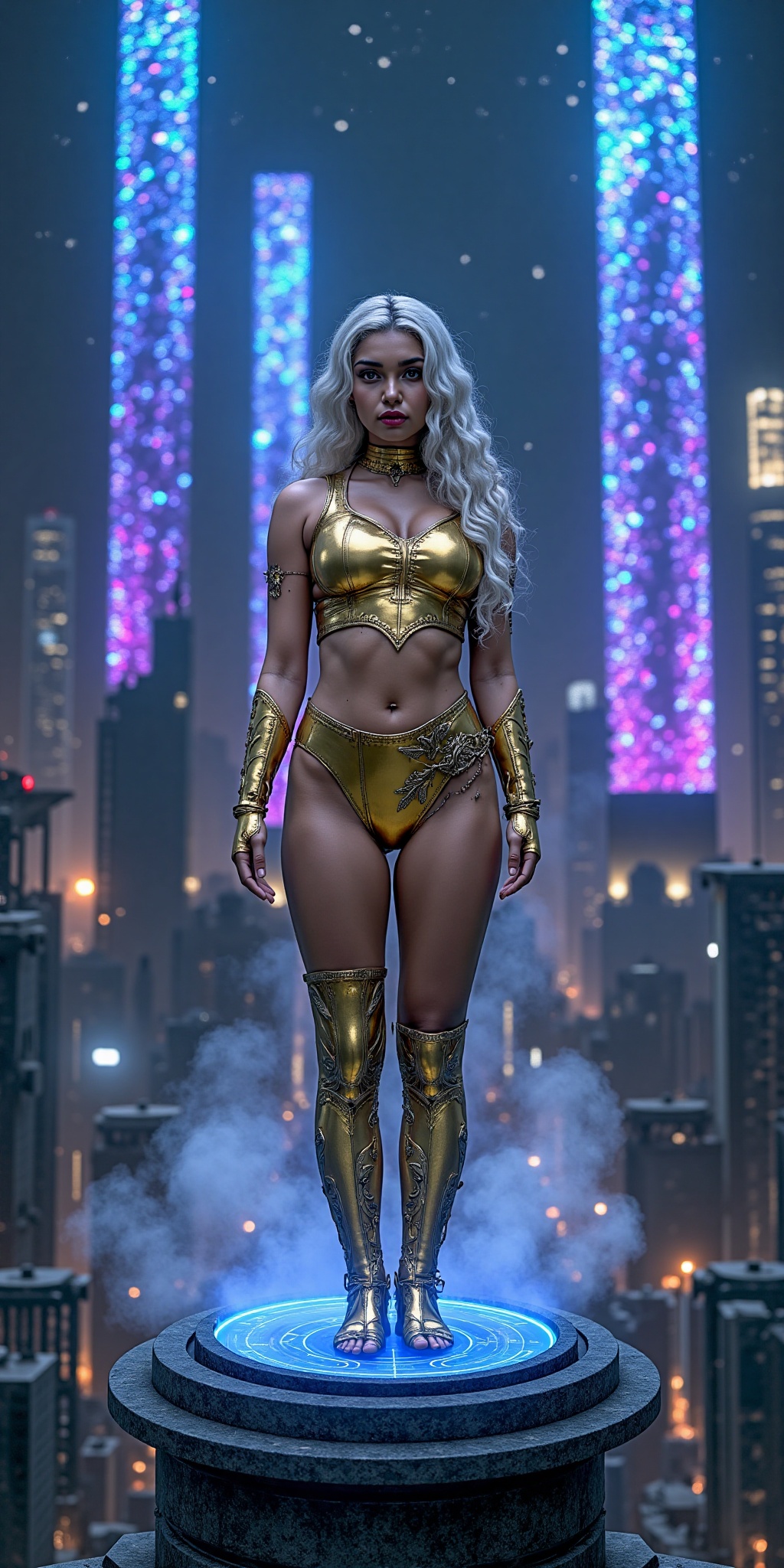 a futuristic warrior goddess in an ornate,  reflective metal gold bikini,  standing on a ruined steel column amidst a dark...