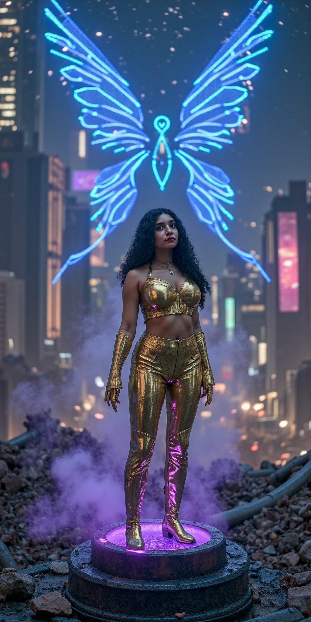 a futuristic warrior goddess in an ornate,  reflective metal gold bikini,  standing on a ruined steel column amidst a dark...