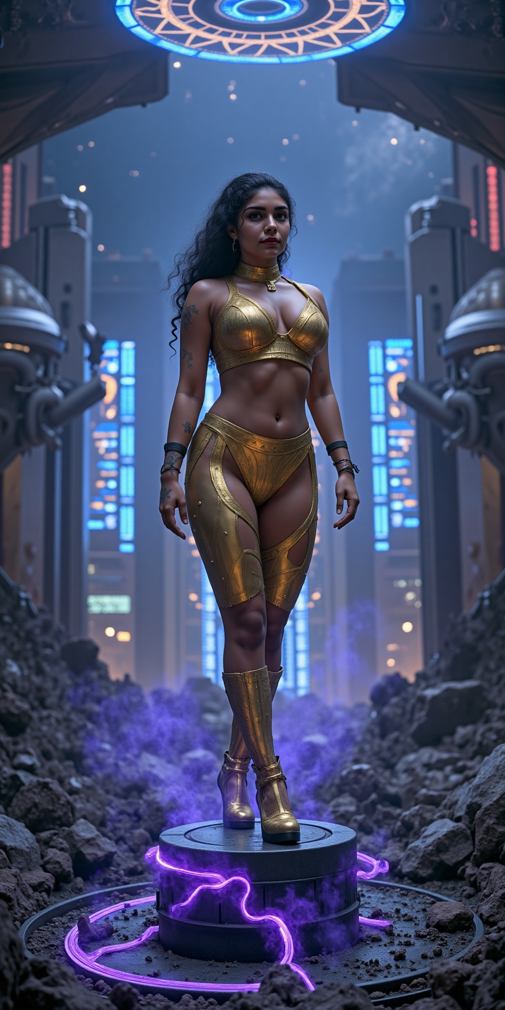 a futuristic warrior goddess in an ornate,  reflective metal gold bikini,  standing on a ruined steel column amidst a dark...