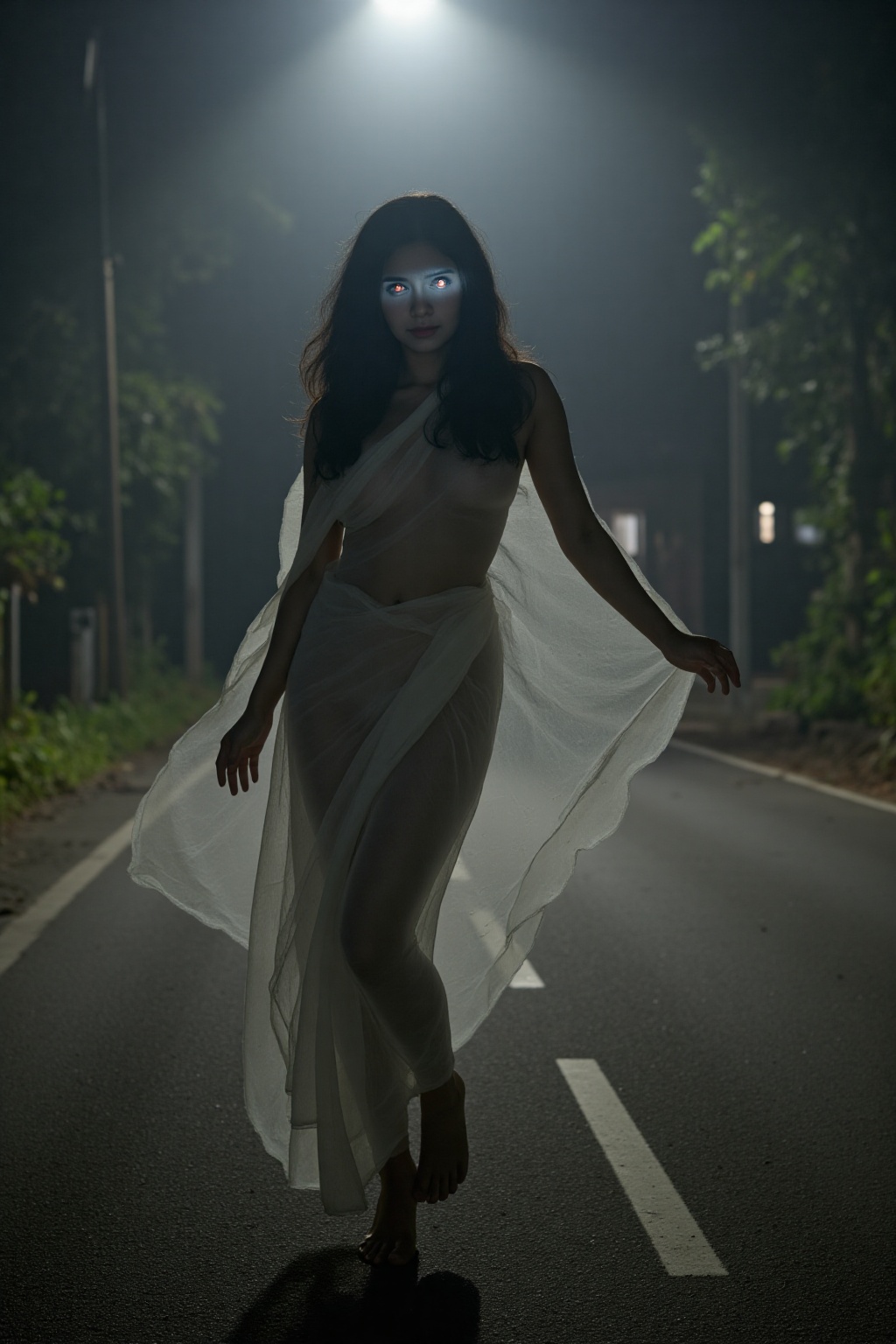 A hauntingly beautiful Malayali woman in a ghost cosplay costume,  standing under a flickering streetlight on a deserted f...