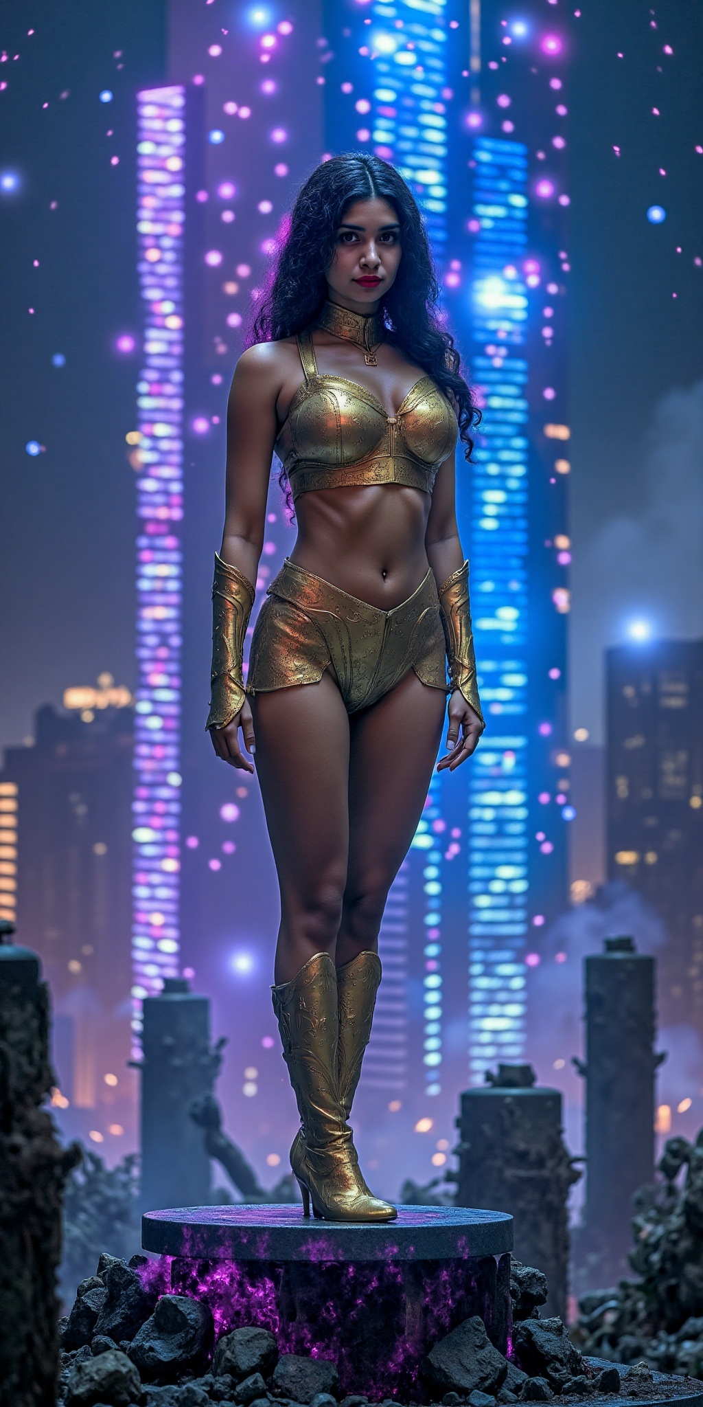 a futuristic warrior goddess in an ornate,  reflective metal gold bikini,  standing on a ruined steel column amidst a dark...