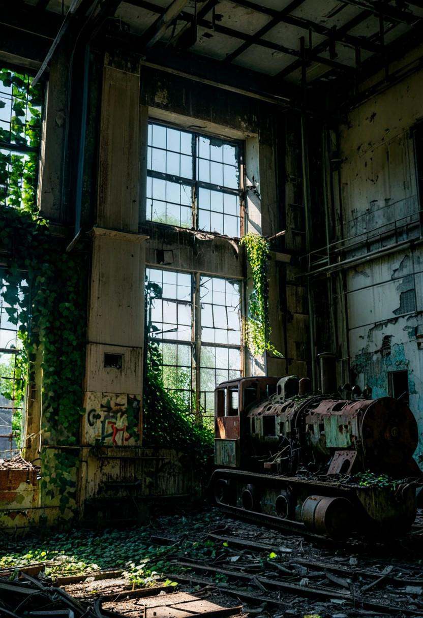 urbex abandoned factory,  rusty machinery,  broken windows on Tensor.Art