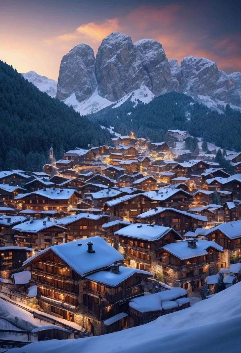 A photorealistic Dolomites winter scene,  a quaint alpine village nestled in a snowy valley,  wooden chalets with snow-cov...