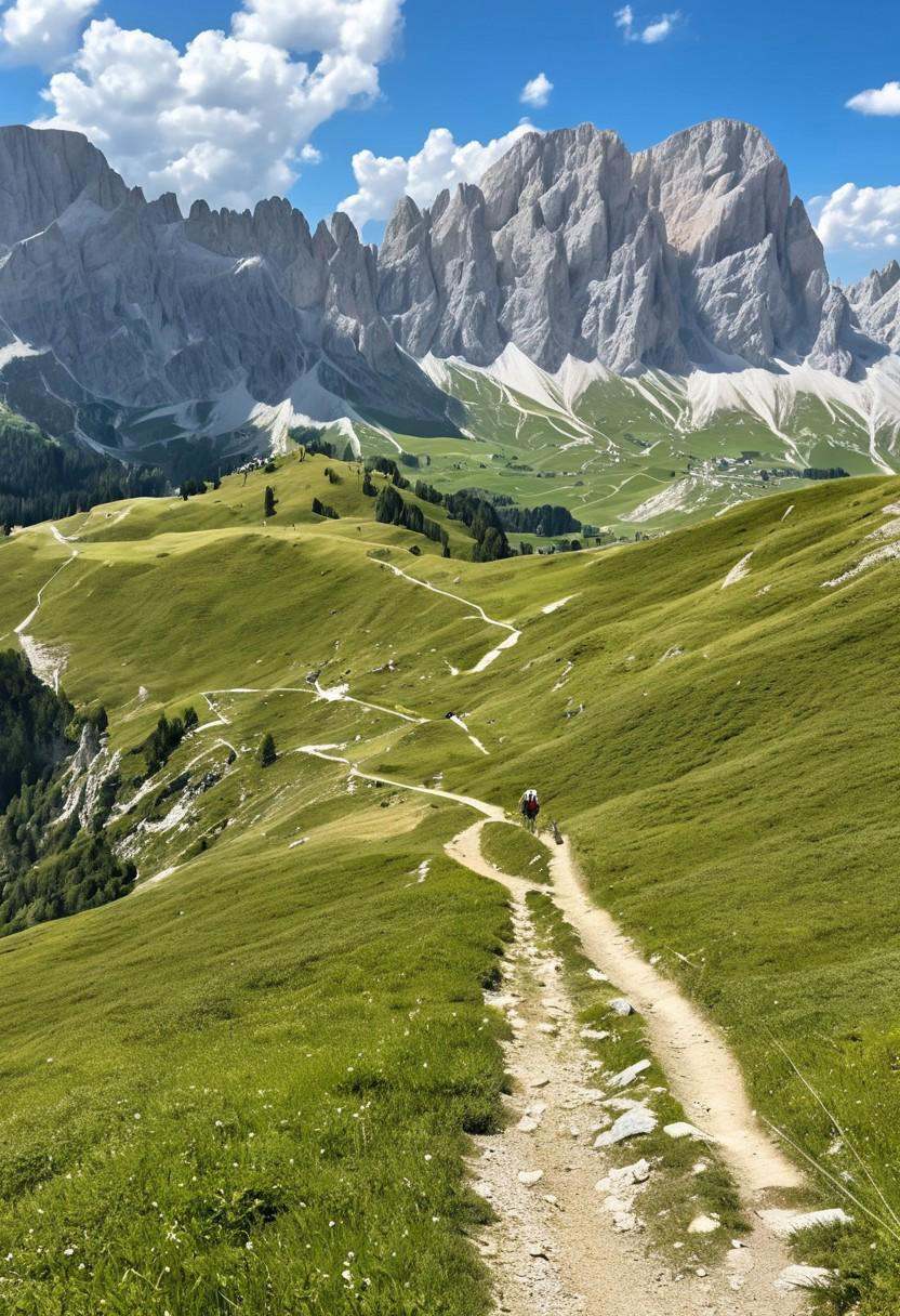 Scenic view of the Dolomites in summer,  majestic rocky peaks under a bright blue sky,  lush green alpine meadows on Tenso...