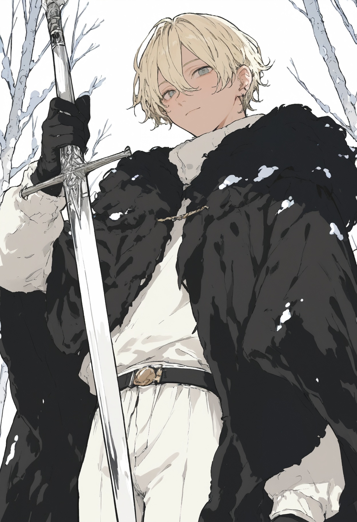 A cute anime boy with short blonde hair and bangs,  wearing a black fur coat over white pants,  holding a sword in a snowy...