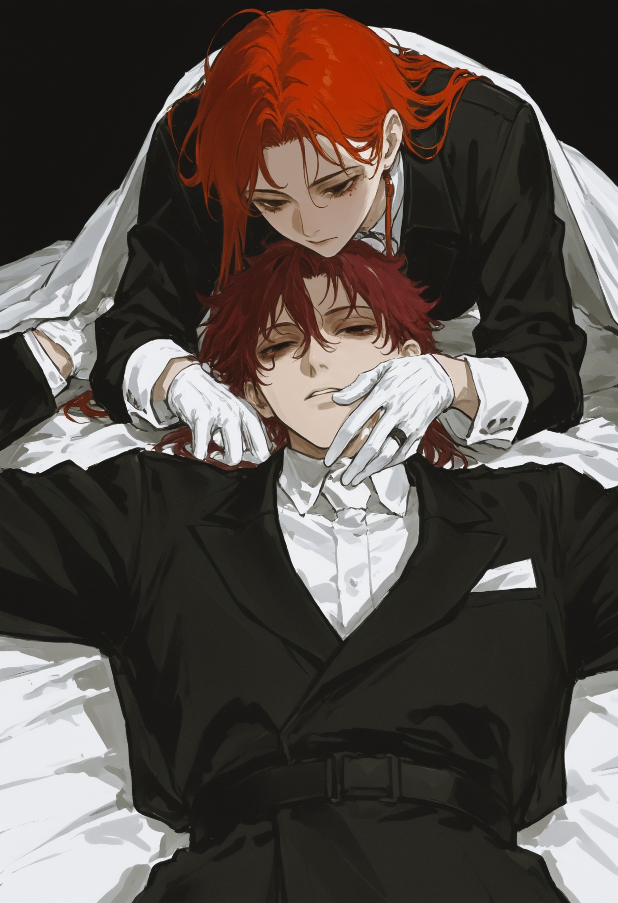 man with red hair and black coat,  man is laying on bed while woman stands over him holding his neck with one hand,  the o...